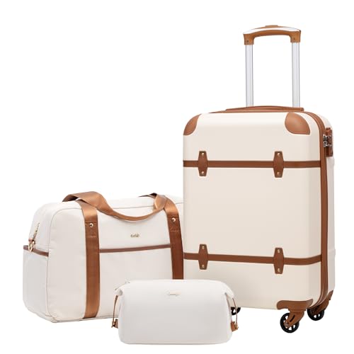 A three-piece luggage set in cream with brown accents, featuring a large rolling suitcase, a duffle bag, and a small toiletry bag.