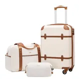 A three-piece luggage set in cream with brown accents, featuring a large rolling suitcase, a duffle bag, and a small toiletry bag.