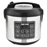 Aroma digital rice cooker and food steamer with a stainless steel finish. Features buttons for cooking white and brown rice, steaming, slow cook, delaying timer, flash rice, and warming mode.