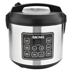 Aroma digital rice cooker and food steamer with a stainless steel finish. Features buttons for cooking white and brown rice, steaming, slow cook, delaying timer, flash rice, and warming mode.