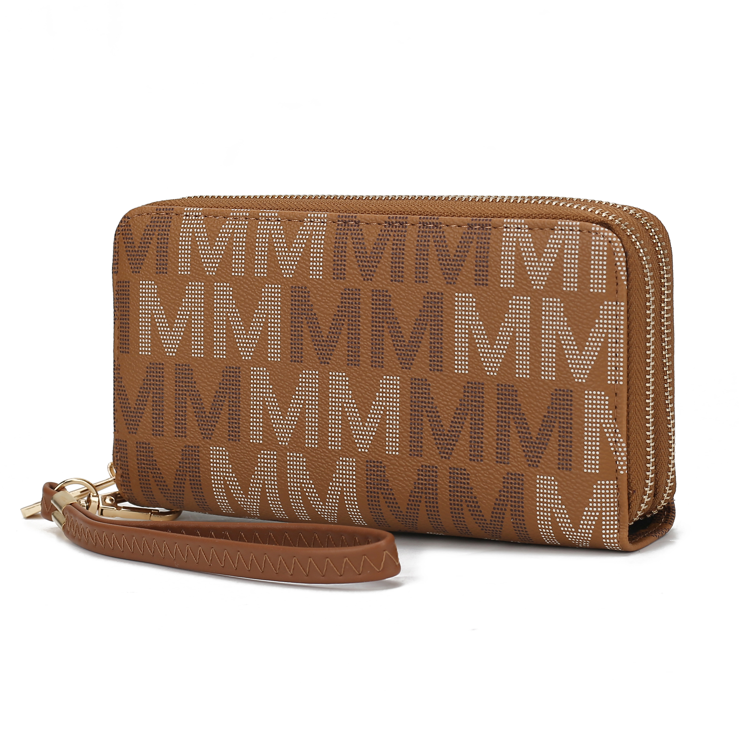 MKF Faux-Leather Wallet in brown features an all-over \“M\“ monogram print, a wrist strap, and a zip closure.