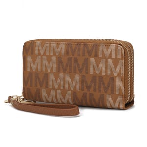 MKF Faux-Leather Wallet in brown features an all-over \“M\“ monogram print, a wrist strap, and a zip closure.