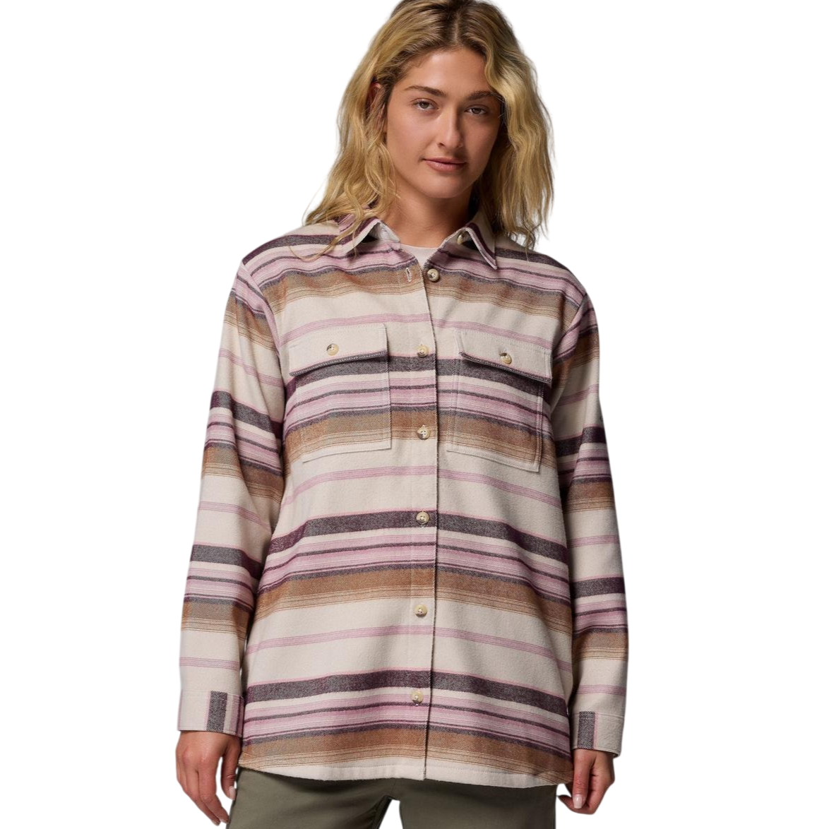 A person wearing a long-sleeve, button-up shirt with horizontal stripes in pink, brown, and beige tones, featuring chest pockets.