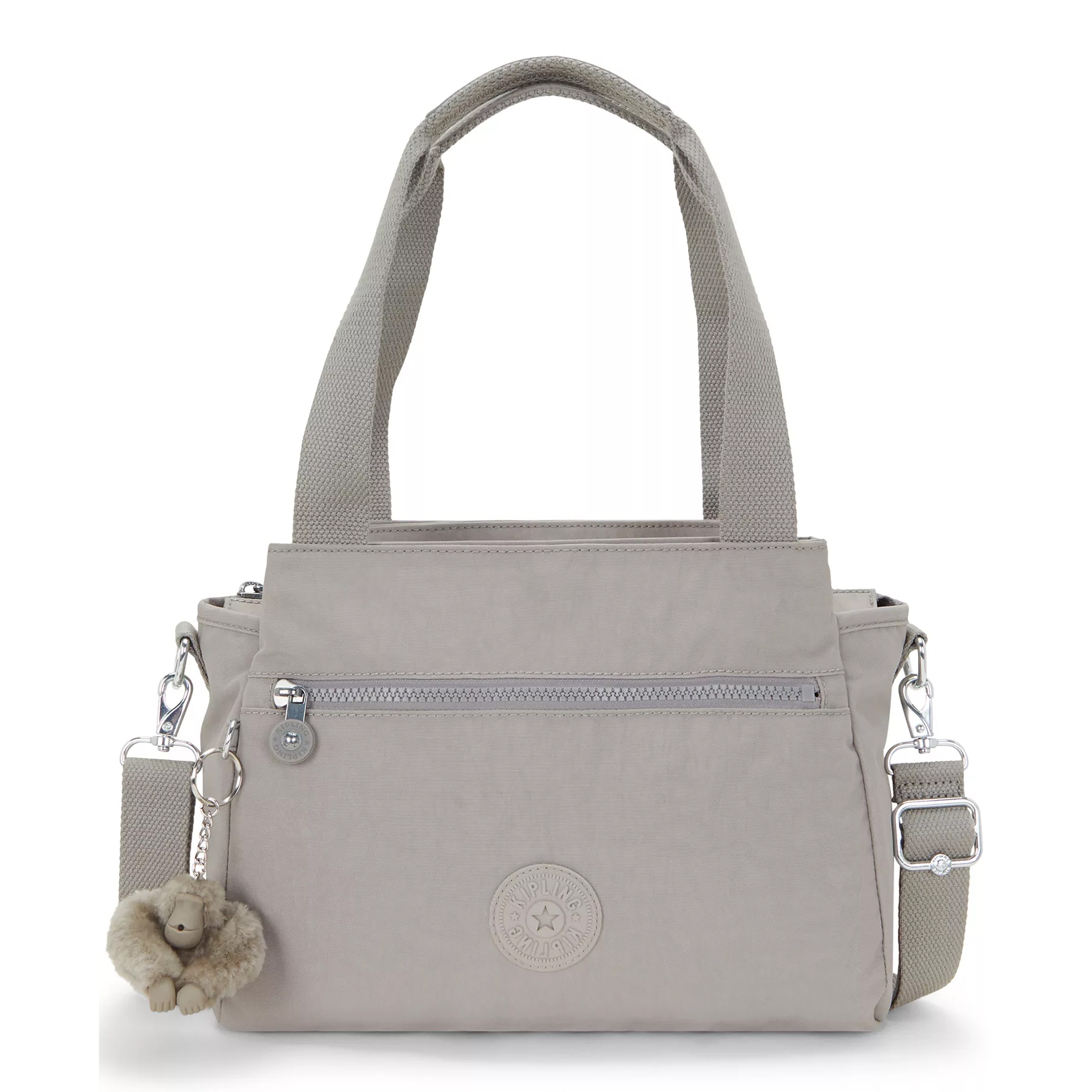 A light gray handbag with dual top handles, a detachable shoulder strap, front zipper pocket, and a small plush keychain accessory.
