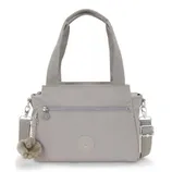 A light gray handbag with dual top handles, a detachable shoulder strap, front zipper pocket, and a small plush keychain accessory.