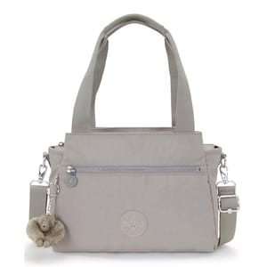 A light gray handbag with dual top handles, a detachable shoulder strap, front zipper pocket, and a small plush keychain accessory.