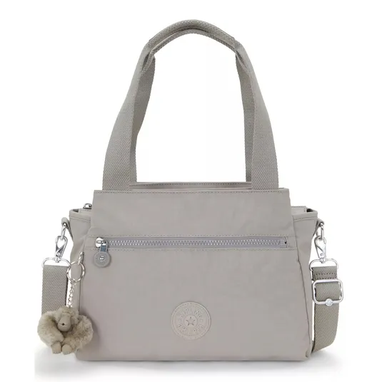 A light gray handbag with dual top handles, a detachable shoulder strap, front zipper pocket, and a small plush keychain accessory.