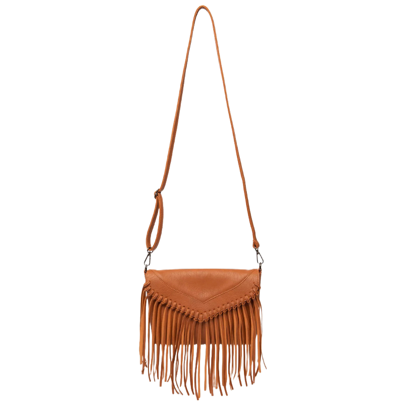 Brown leather crossbody bag with a long adjustable strap and fringe detailing along the bottom edge, featuring a textured flap closure with braided trim.