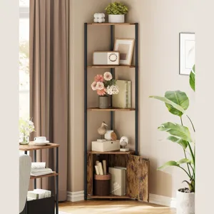 A corner bookshelf with four wooden shelves and black metal supports displays decorative items including flowers, framed art, books, and small sculptures. A potted plant stands nearby, enhancing the cozy corner setup.