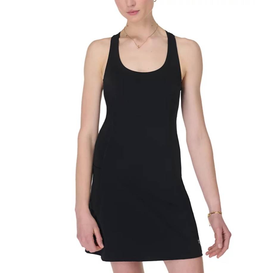 Black sleeveless workout dress with a scoop neckline and racerback design, featuring a fitted top and slightly flared skirt.