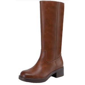 Brown knee-high boots with a sleek, smooth finish and a low block heel. The boots feature simple stitching details and a rounded toe design.