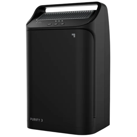 Black air purifier with a sleek design featuring a top control panel, three buttons, and labeled \“PURIFY 3\“ at the bottom.