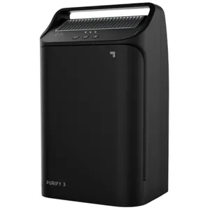 Black air purifier with a sleek design featuring a top control panel, three buttons, and labeled \“PURIFY 3\“ at the bottom.