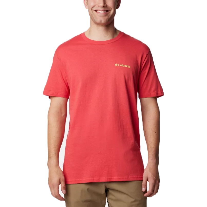 Red Columbia Graphic Tee featuring a small logo on the left chest, short sleeves, and a relaxed fit.