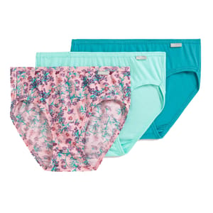 A set of three women's briefs: one with a pink floral pattern, one in light turquoise, and one in teal.