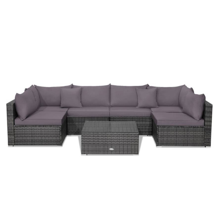 7-piece patio set with an L-shaped sectional sofa and rectangular coffee table, featuring dark gray rattan with light gray cushions.