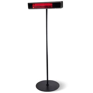 A tall, slim infrared heater on a round base, featuring a rectangular heating element emitting red light.