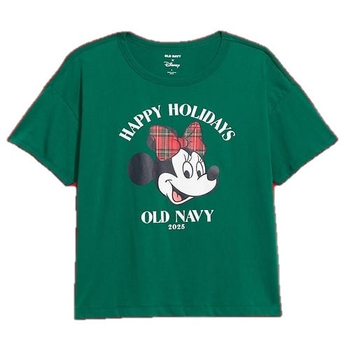 Green Old Navy T-shirt featuring a holiday-themed print of a Disney character, with \“Happy Holidays\“ and \“2025\“ text.