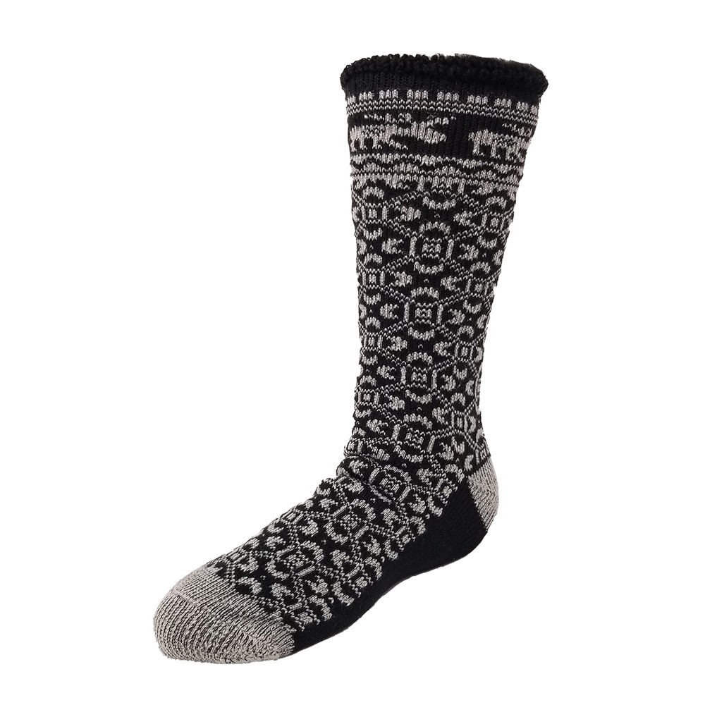 A black and gray patterned wool sock with reinforced heel and toe, featuring a detailed woven geometric design.