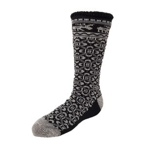A black and gray patterned wool sock with reinforced heel and toe, featuring a detailed woven geometric design.