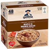 A box of Quaker Instant Oatmeal with 48 packets, Maple & Brown Sugar flavor, marked as a heart-healthy option.