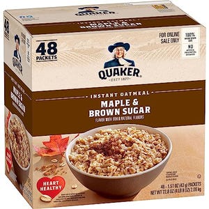 A box of Quaker Instant Oatmeal with 48 packets, Maple & Brown Sugar flavor, marked as a heart-healthy option.
