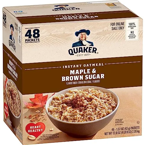 A box of Quaker Instant Oatmeal with 48 packets, Maple & Brown Sugar flavor, marked as a heart-healthy option.