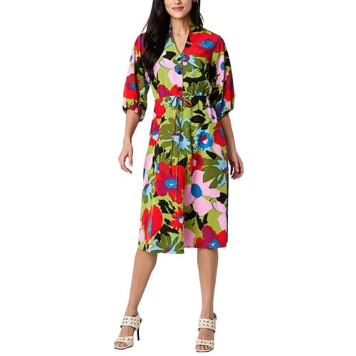 A vibrant floral midi dress with a fit-and-flare silhouette, featuring a button-down front, 3/4 sleeves, and a colorful pattern in red, blue, green, and pink.
