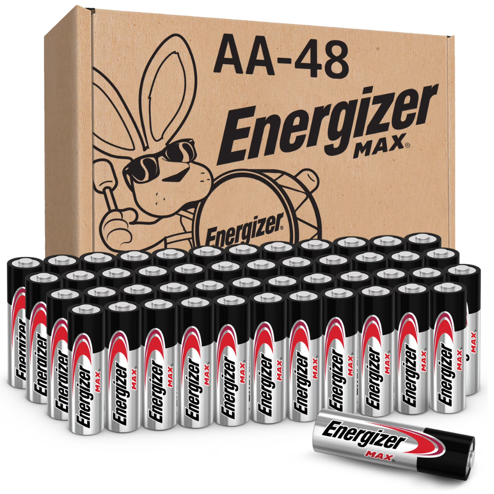 Energizer MAX AA battery pack, containing 48 batteries, features a box design with a cartoon rabbit holding a drum.
