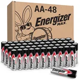 Energizer MAX AA battery pack, containing 48 batteries, features a box design with a cartoon rabbit holding a drum.