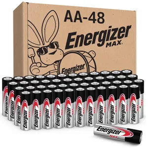 Energizer MAX AA battery pack, containing 48 batteries, features a box design with a cartoon rabbit holding a drum.