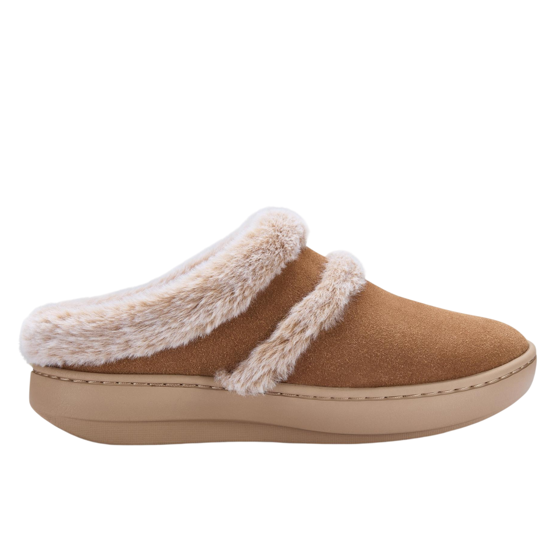 Brown slip-on shoe with a fluffy faux fur lining and trim, featuring a thick, flat sole for comfort.