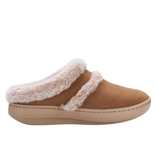 Brown slip-on shoe with a fluffy faux fur lining and trim, featuring a thick, flat sole for comfort.