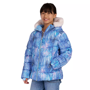 A child wearing a blue galaxy print puffer jacket with a hood lined with white fur and paired with jeans.