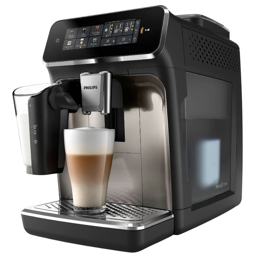 A Philips coffee machine with a touchscreen interface is shown in the image, currently dispensing a milk-based coffee drink.