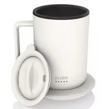 White mug with a lid and matching coaster, featuring the brand \“purée\“ on the front.