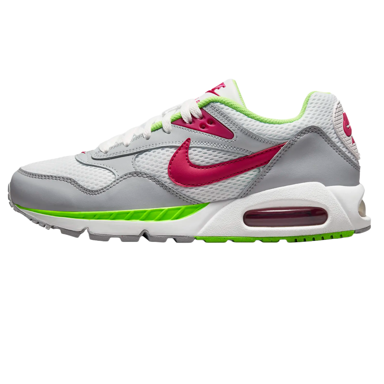 Nike Air Max sneakers featuring a white mesh upper, gray overlays, vibrant pink Swoosh, and green accents, with a visible Air sole unit.