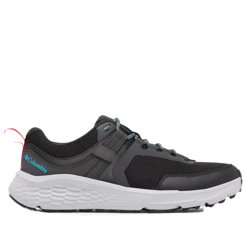 A black and gray athletic shoe with a white textured sole and blue accents, featuring the Columbia logo.