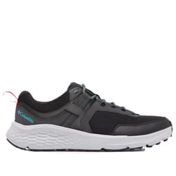 A black and gray athletic shoe with a white textured sole and blue accents, featuring the Columbia logo.