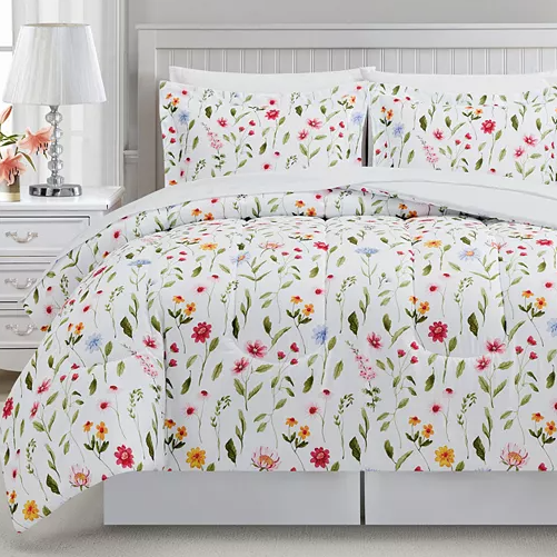 An 8-piece floral comforter set featuring a white background with colorful flowers and green stems, including a comforter, pillow shams, and coordinating pieces for a cohesive bedroom look. The design adds a vibrant and fresh feel to the space.