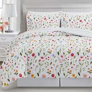 An 8-piece floral comforter set featuring a white background with colorful flowers and green stems, including a comforter, pillow shams, and coordinating pieces for a cohesive bedroom look. The design adds a vibrant and fresh feel to the space.