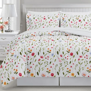 An 8-piece floral comforter set featuring a white background with colorful flowers and green stems, including a comforter, pillow shams, and coordinating pieces for a cohesive bedroom look. The design adds a vibrant and fresh feel to the space.