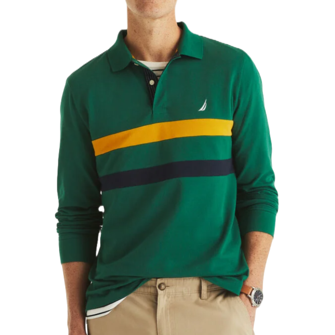 Green Nautica long-sleeve polo with yellow and navy horizontal stripes and a small sailboat logo on the chest, paired with beige pants.