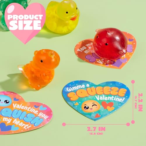 Colorful heart-shaped cards with cute phrases like \“Gimme a Squeeze Valentine,\“ each paired with a small, squishy animal toy. Cards measure 2.7 x 2.2 inches.
