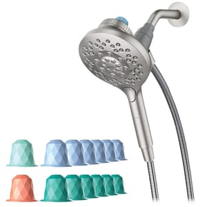 Moen's showerhead features a sleek handheld design with multiple spray options and is compatible with color-coded fragrance capsules for a customizable shower experience.