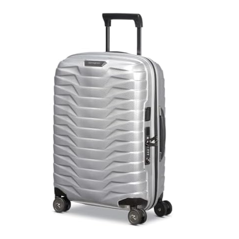 Silver hard-shell suitcase with four wheels and a retractable handle.