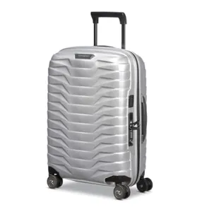Silver hard-shell suitcase with four wheels and a retractable handle.