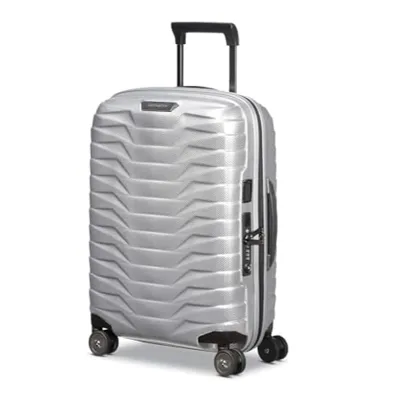 Silver hard-shell suitcase with four wheels and a retractable handle.