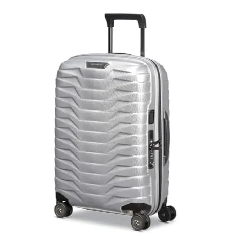 Silver hard-shell suitcase with four wheels and a retractable handle.