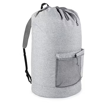 Gray drawstring laundry bag with an external pocket and a shoulder strap.